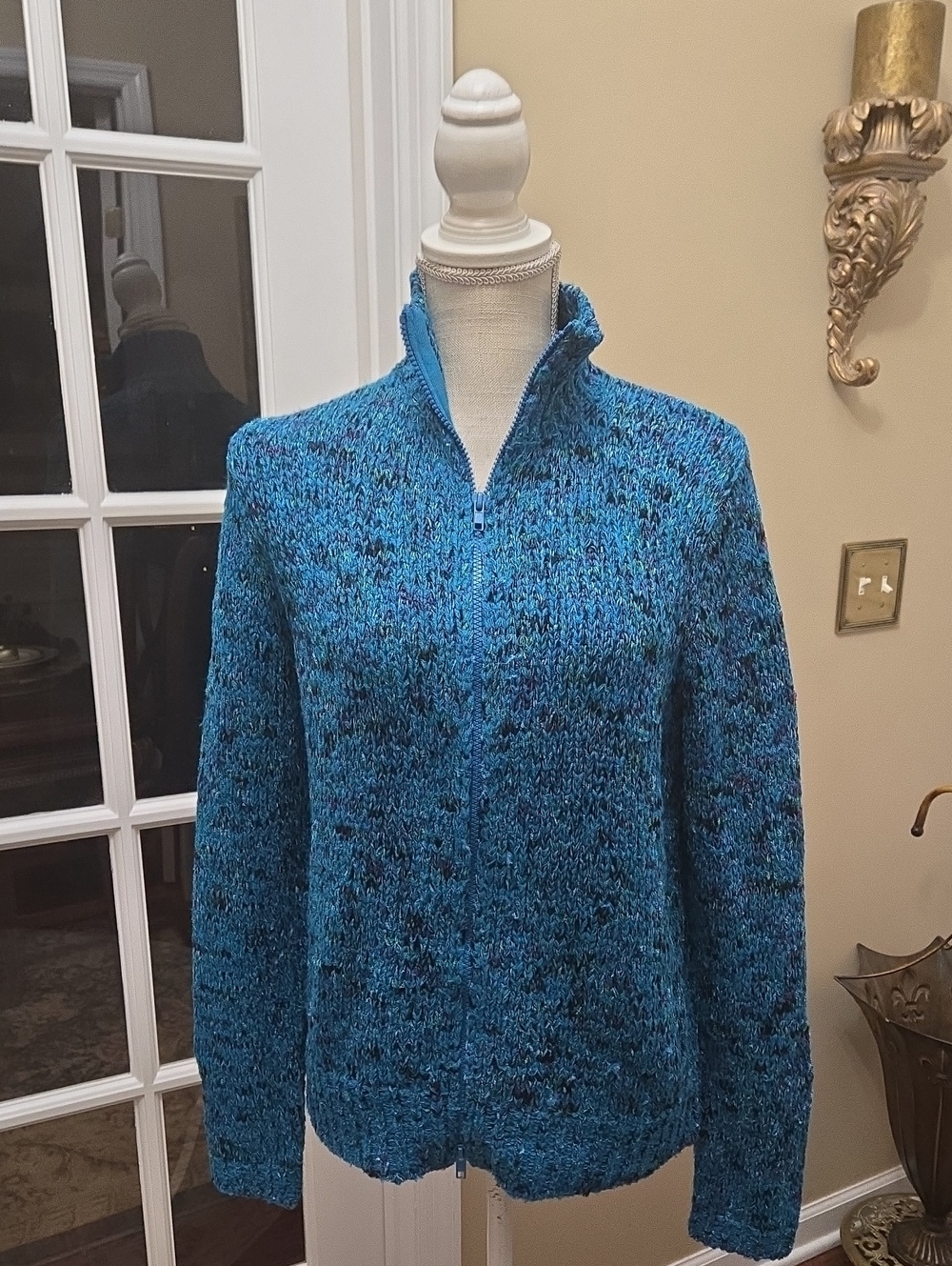 Chico's Teal Mingled Full Zip-Front Bulky Knit Cardigan Long Sleeve Sz 1 Med EUC